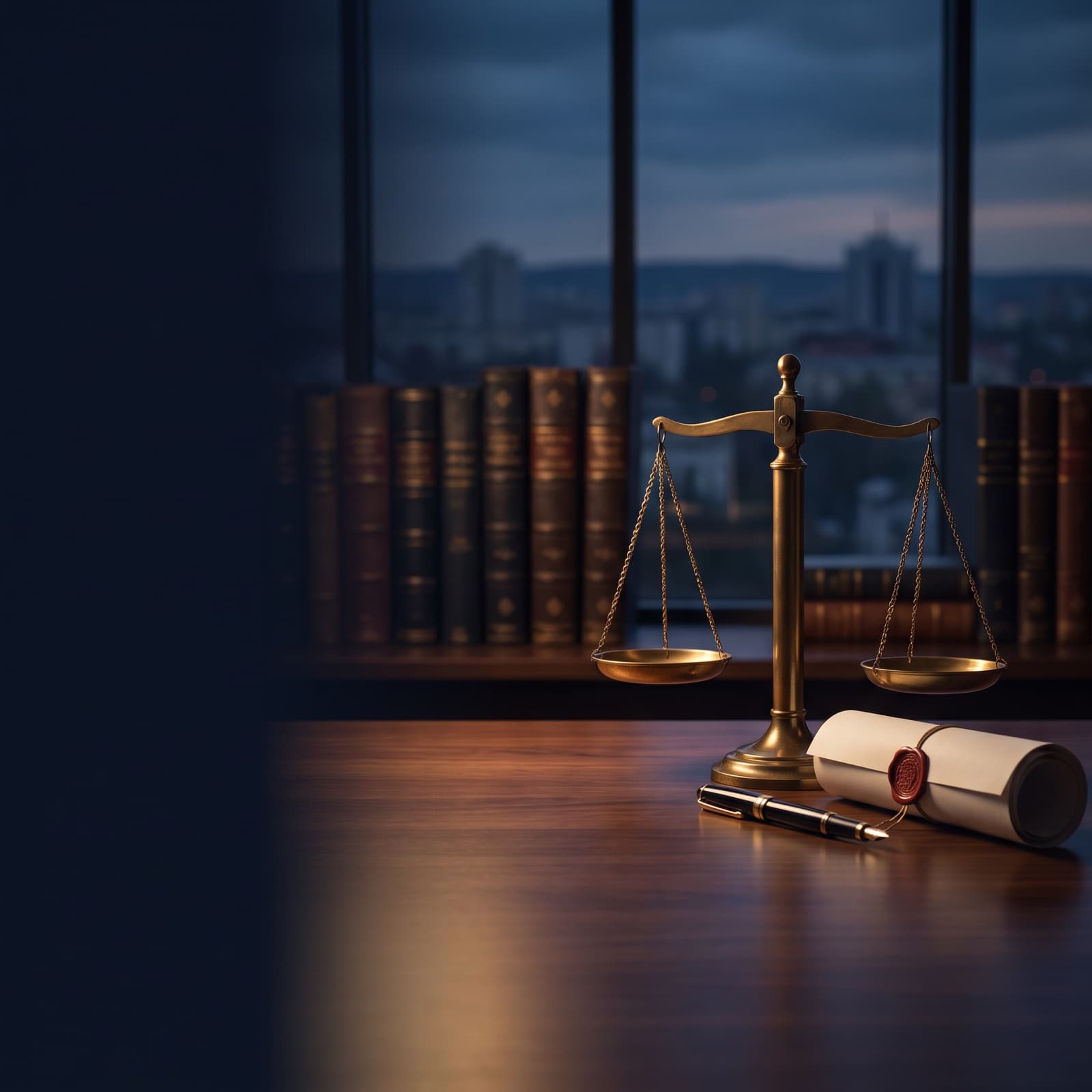 Balanța justiției și un contract sigilat pe biroul unui consultant juridic